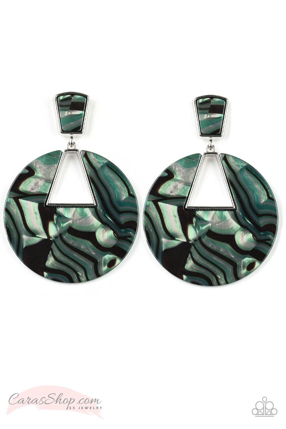 Let HEIR Rip! Green Acrylic Post Earrings - Paparazzi Accessories- on model - CarasShop.com - Paparazzi Jewelry by Cara Jewels