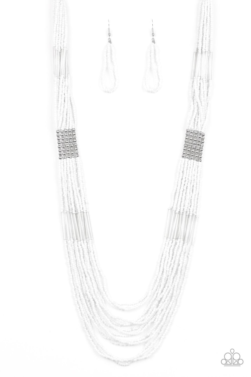 Let It Bead White and Silver Seed Bead Necklace - Paparazzi Accessories - free matching earrings -CarasShop.com - Paparazzi Jewelry by Cara Jewels