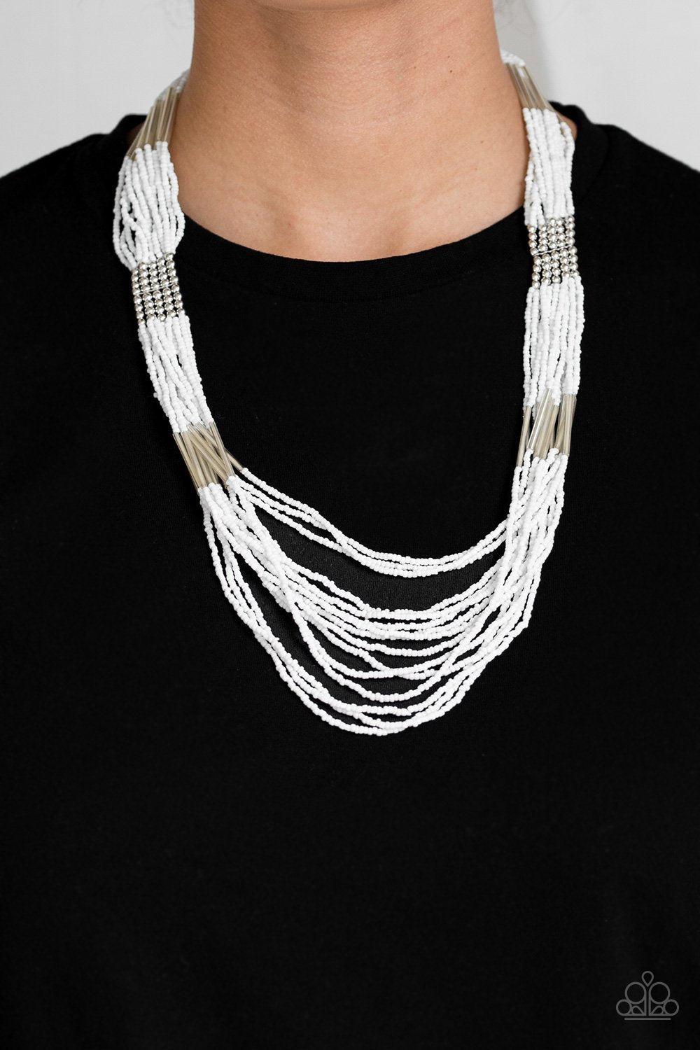 Let It Bead White and Silver Seed Bead Necklace - Paparazzi Accessories- lightbox - CarasShop.com - Paparazzi Jewelry by Cara Jewels