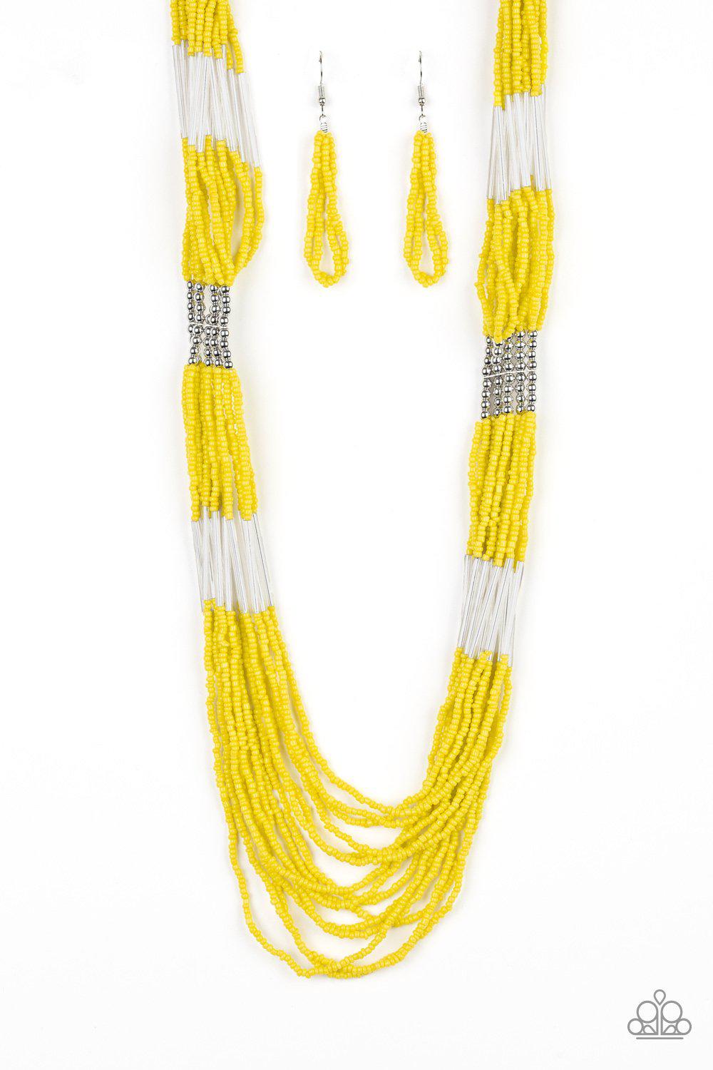 Let It Bead Yellow and Silver Seed Bead Necklace - Paparazzi Accessories - free matching earrings -CarasShop.com - Paparazzi Jewelry by Cara Jewels