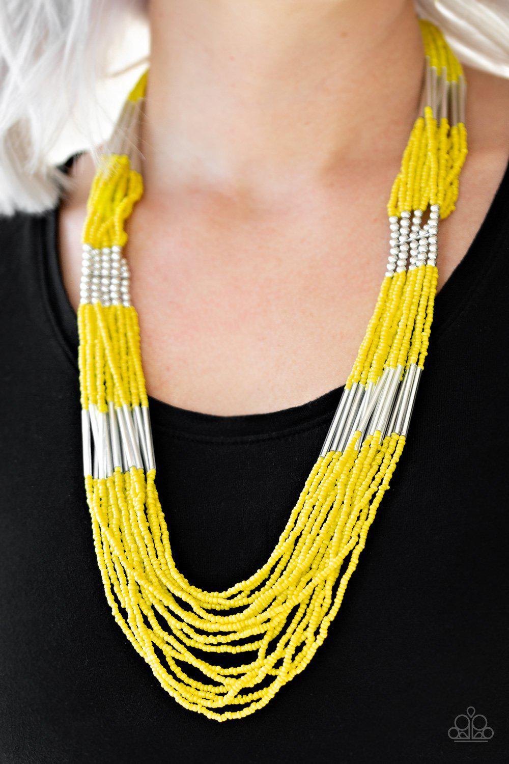 Let It Bead Yellow and Silver Seed Bead Necklace - Paparazzi Accessories- lightbox - CarasShop.com - Paparazzi Jewelry by Cara Jewels