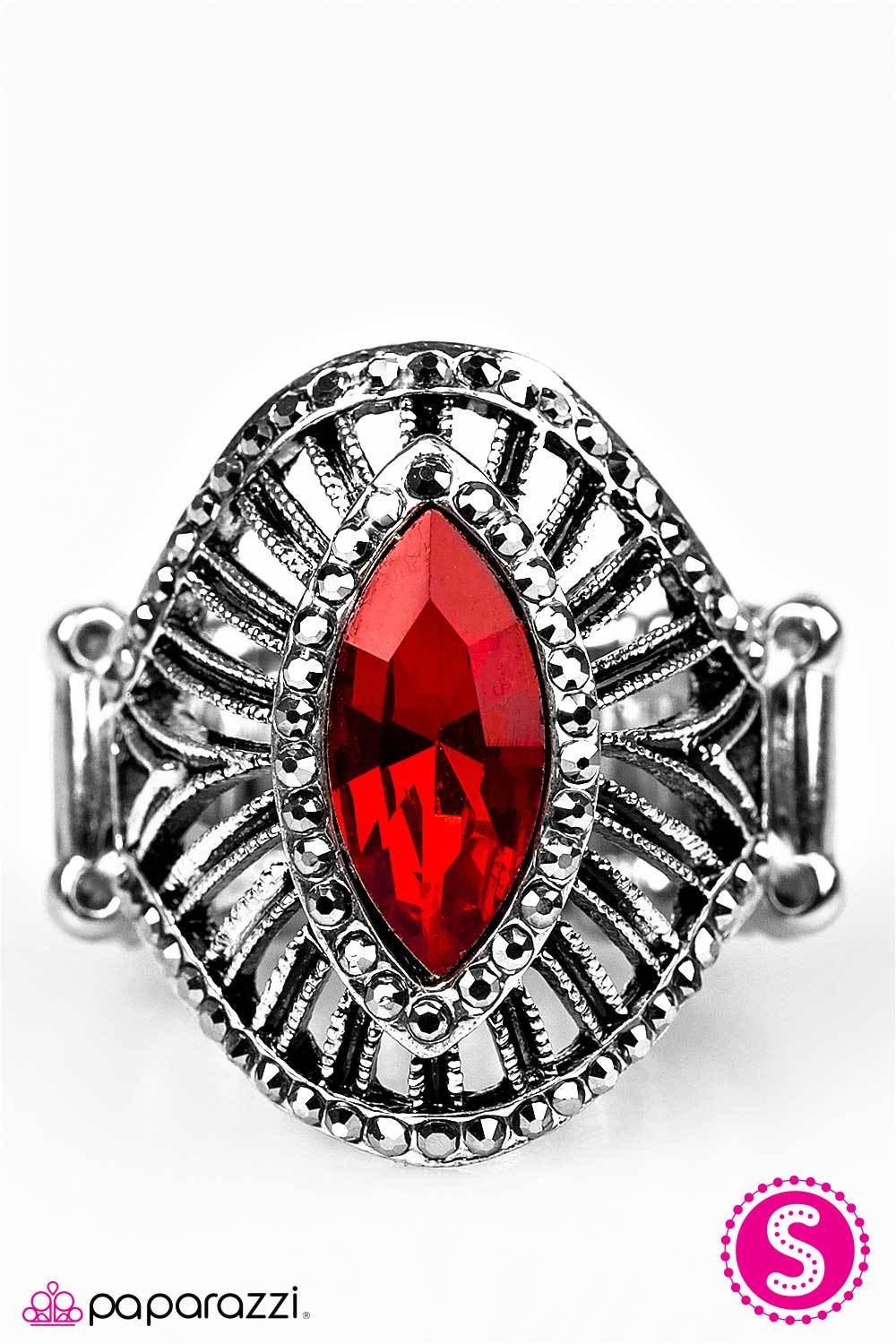 Let It REIGN Silver and Red Rhinestone Ring - Paparazzi Accessories- on model - CarasShop.com - Paparazzi Jewelry by Cara Jewels