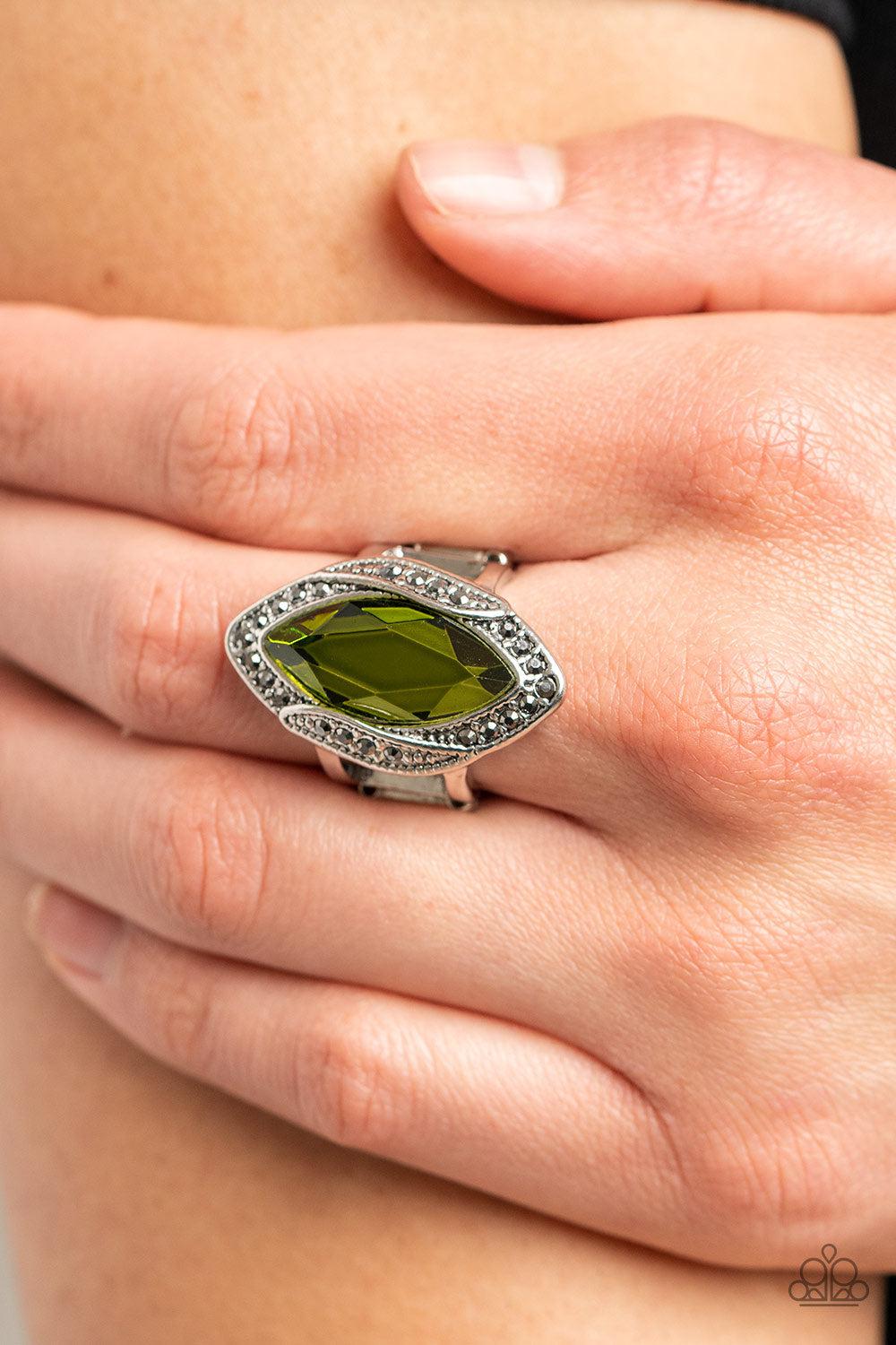 Let Me Take a REIGN Check Green Ring - Paparazzi Accessories- lightbox - CarasShop.com - Paparazzi Jewelry by Cara Jewels