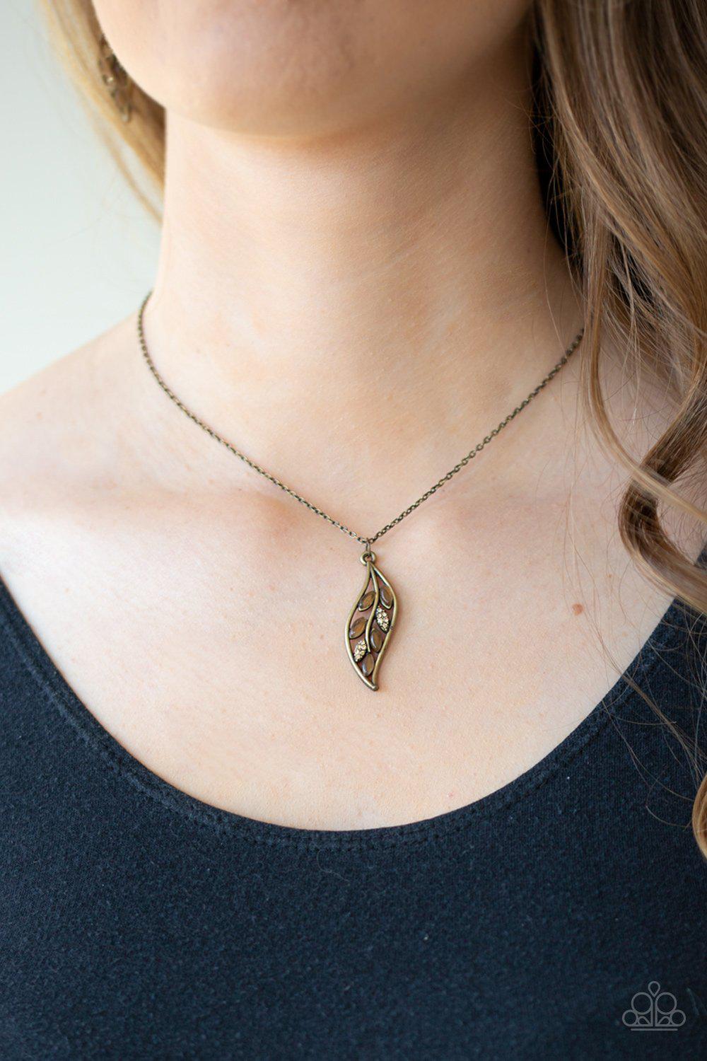 Let STEM Talk Brass Moonstone Leaf Necklace - Paparazzi Accessories- on model - CarasShop.com - Paparazzi Jewelry by Cara Jewels