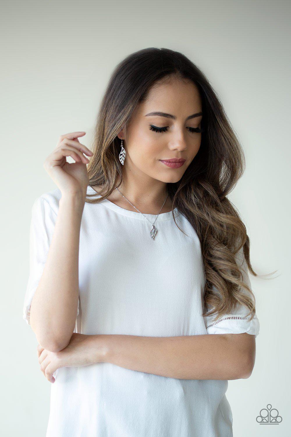 Let STEM Talk Silver and White Moonstone Leaf Necklace - Paparazzi Accessories - set -CarasShop.com - Paparazzi Jewelry by Cara Jewels