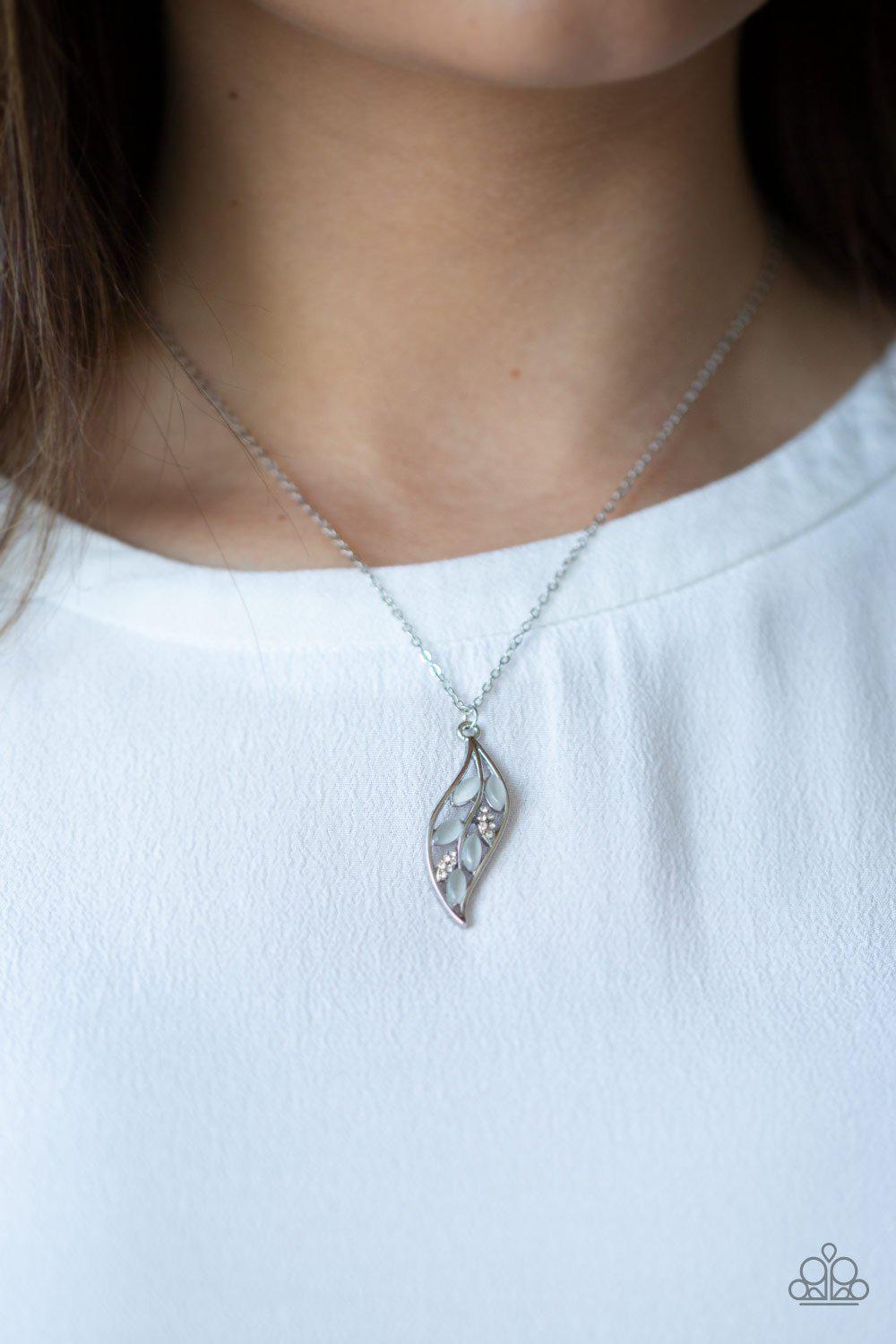 Let STEM Talk Silver and White Moonstone Leaf Necklace - Paparazzi Accessories- on model - CarasShop.com - Paparazzi Jewelry by Cara Jewels