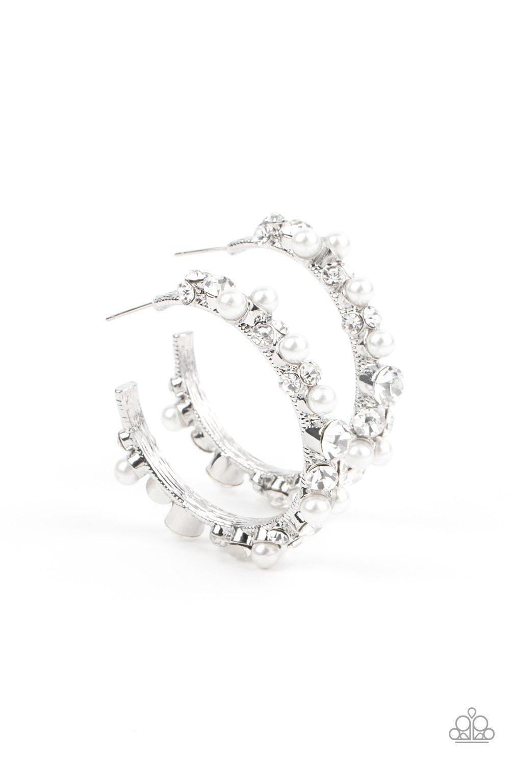 Let There Be SOCIALITE White Pearl and Rhinestone Hoop Earrings - Paparazzi Accessories- lightbox - CarasShop.com - Paparazzi Jewelry by Cara Jewels