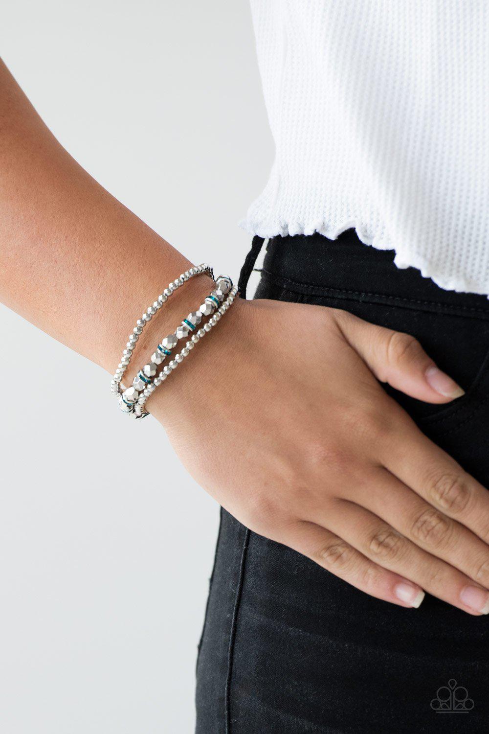 Let There Beam Light Blue and Silver Stretch Bracelet Set - Paparazzi Accessories- lightbox - CarasShop.com - Paparazzi Jewelry by Cara Jewels