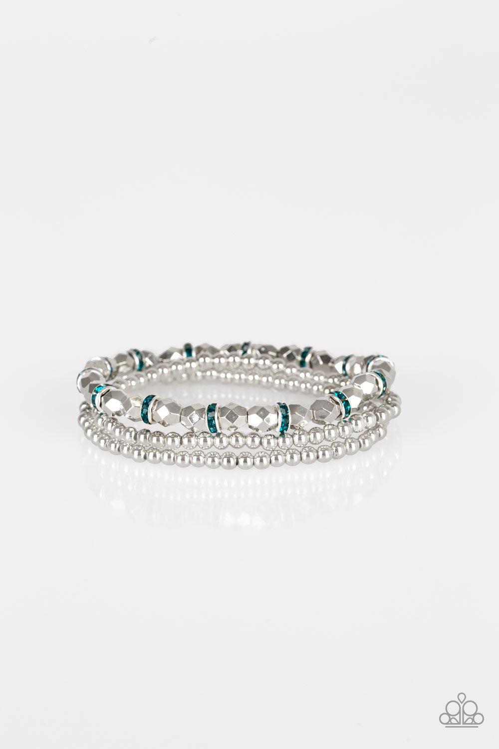 Let There Beam Light Blue and Silver Stretch Bracelet Set - Paparazzi Accessories- on model - CarasShop.com - Paparazzi Jewelry by Cara Jewels