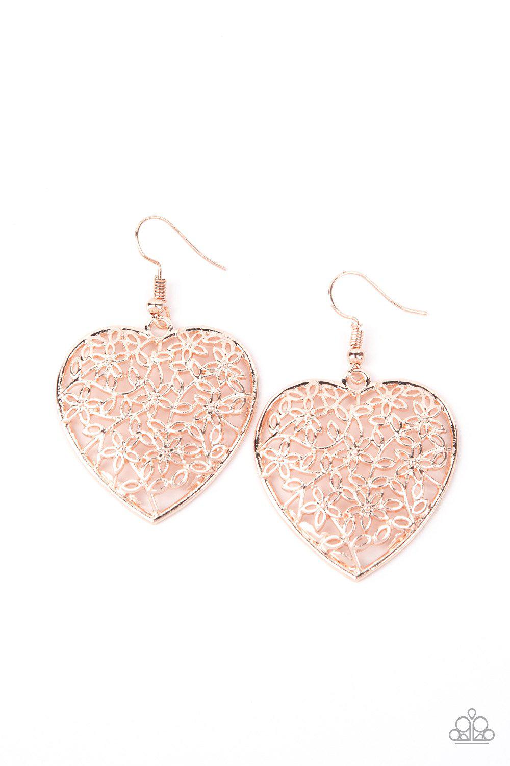 Let Your Heart Grow Rose Gold Heart Earrings - Paparazzi Accessories- on model - CarasShop.com - Paparazzi Jewelry by Cara Jewels