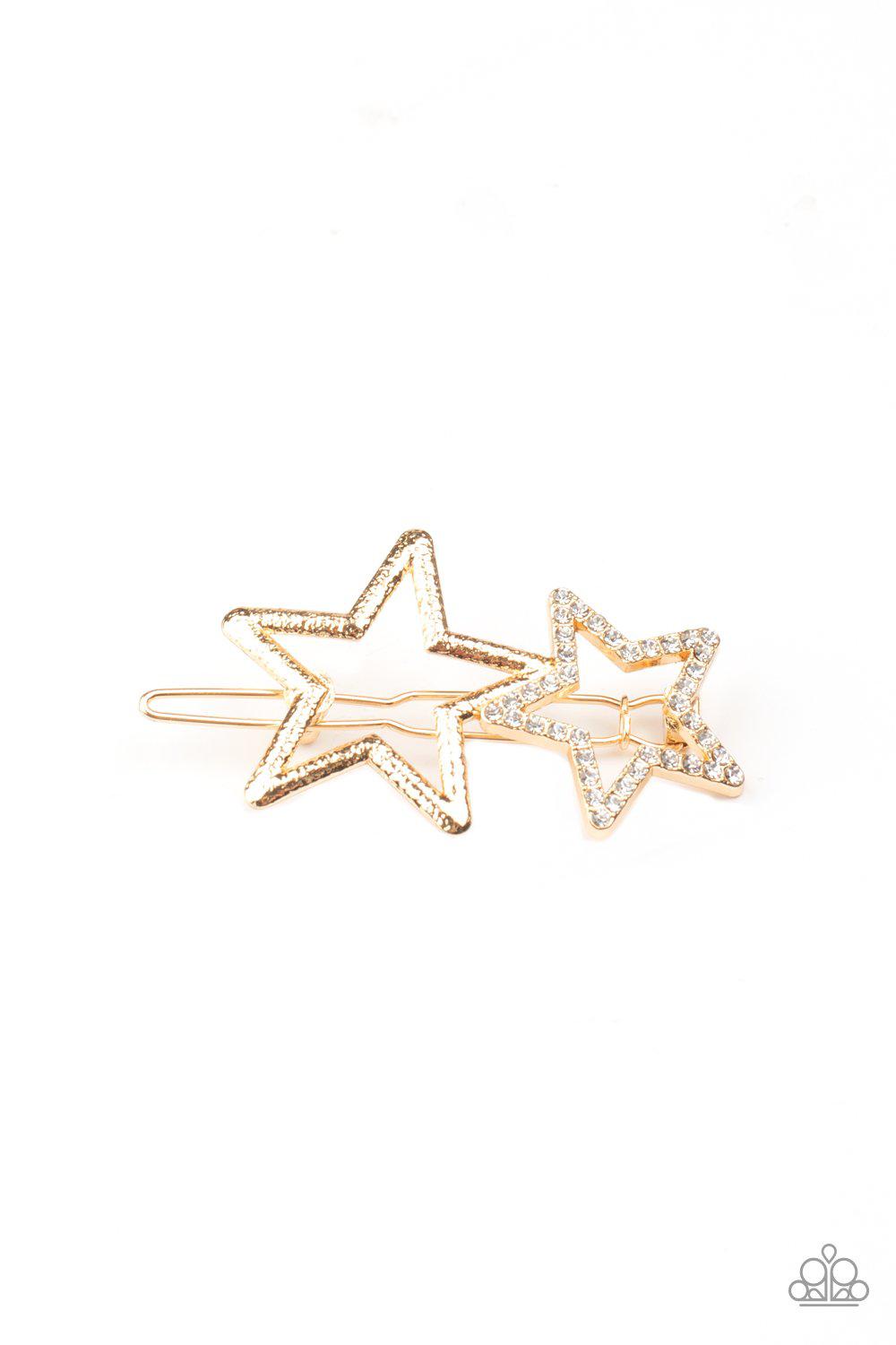 Let's Get This Party STAR-ted! Gold Rhinestone Hair Pin - Paparazzi Accessories- on model - CarasShop.com - Paparazzi Jewelry by Cara Jewels