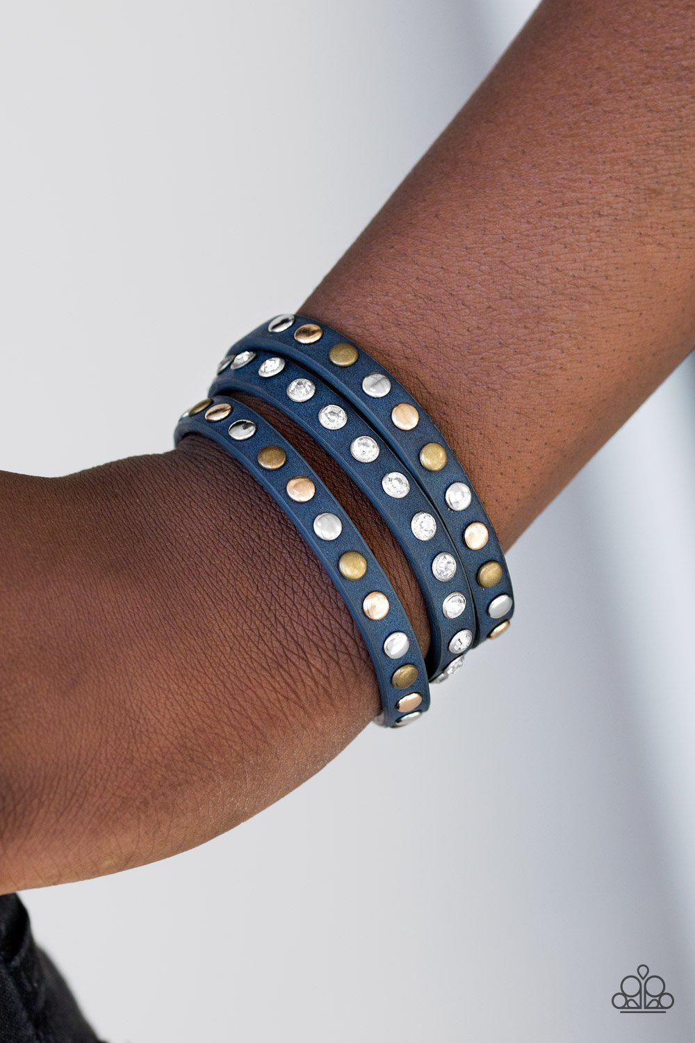 Let's Go For A CATWALK Blue Leather Urban Double-wrap Snap Bracelet - Paparazzi Accessories- lightbox - CarasShop.com - Paparazzi Jewelry by Cara Jewels