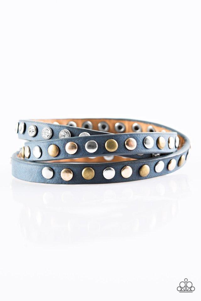 Let's Go For A CATWALK Blue Leather Urban Double-wrap Snap Bracelet - Paparazzi Accessories- on model - CarasShop.com - Paparazzi Jewelry by Cara Jewels