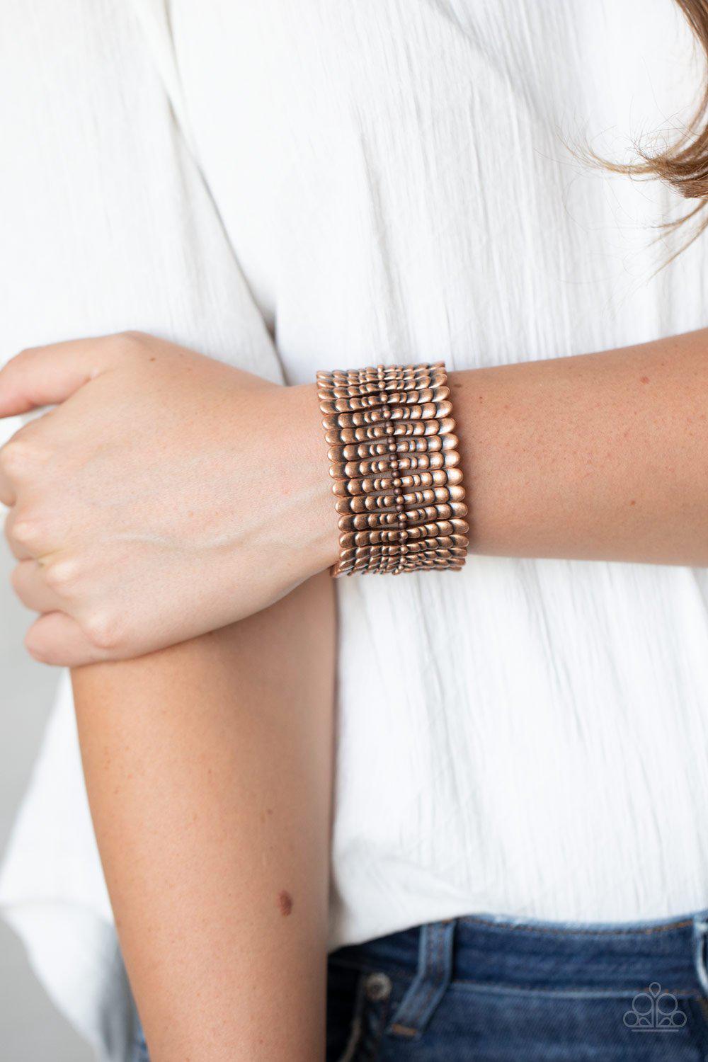 Level The Field Copper Stretch Bracelet - Paparazzi Accessories- lightbox - CarasShop.com - Paparazzi Jewelry by Cara Jewels