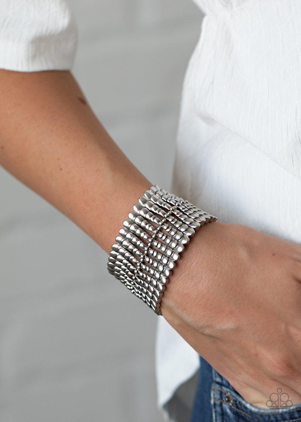 Level The Field Silver Stretch Bracelet - Paparazzi Accessories- lightbox - CarasShop.com - Paparazzi Jewelry by Cara Jewels