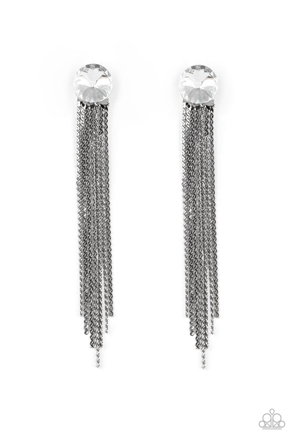 Level Up Gunmetal Black Chain and White Rhinestone Earrings - Paparazzi Accessories- lightbox - CarasShop.com - Paparazzi Jewelry by Cara Jewels