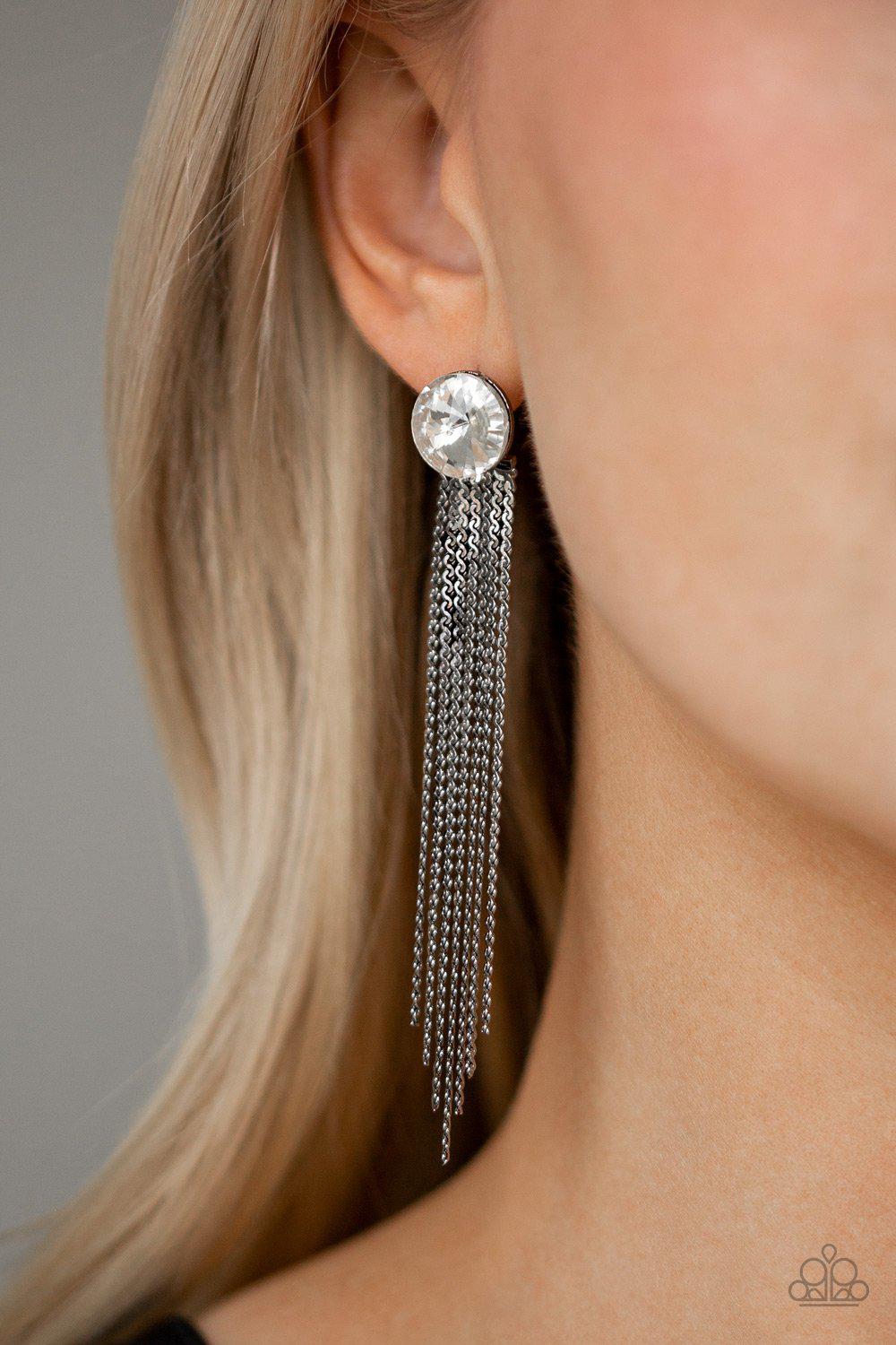 Level Up Gunmetal Black Chain and White Rhinestone Earrings - Paparazzi Accessories- on model - CarasShop.com - Paparazzi Jewelry by Cara Jewels