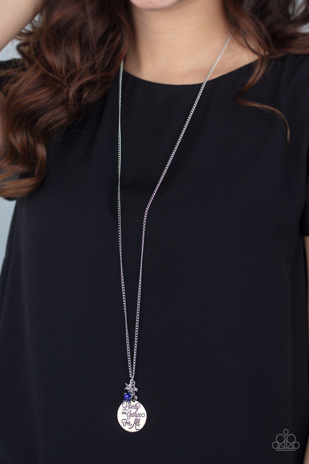 Liberty And Justice For All Blue and Silver Inspirational Necklace - Paparazzi Accessories- on model - CarasShop.com - Paparazzi Jewelry by Cara Jewels
