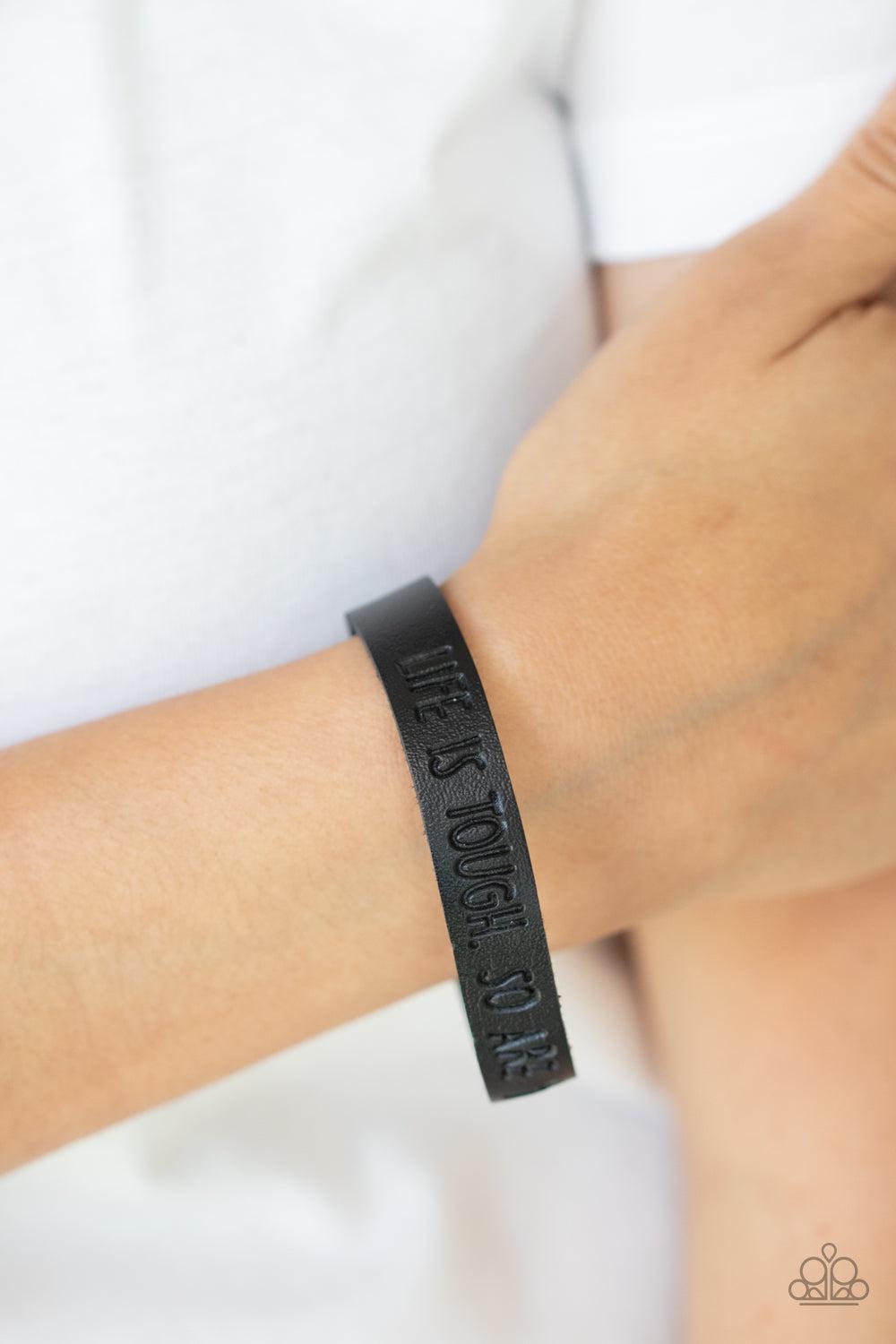 Life Is Tough Inspirational Black Wrap Bracelet - Paparazzi Accessories- on model - CarasShop.com - Paparazzi Jewelry by Cara Jewels