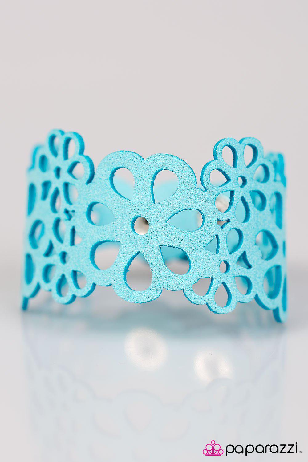 Life's A Garden Blue Lace Urban Wrap Snap Bracelet - Paparazzi Accessories- on model - CarasShop.com - Paparazzi Jewelry by Cara Jewels