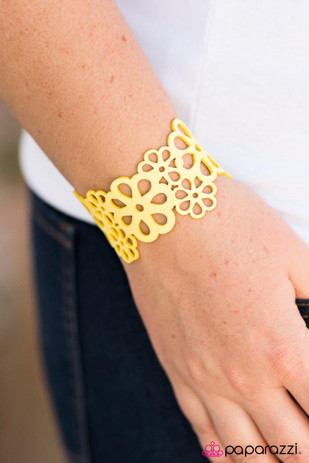 Life's A Garden Yellow Lace Urban Wrap Snap Bracelet - Paparazzi Accessories- lightbox - CarasShop.com - Paparazzi Jewelry by Cara Jewels