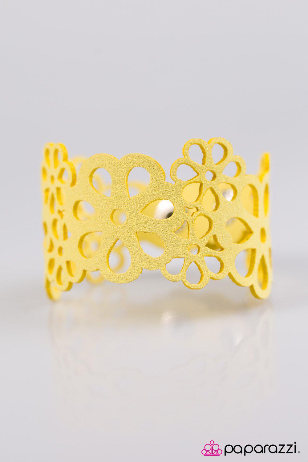 Life's A Garden Yellow Lace Urban Wrap Snap Bracelet - Paparazzi Accessories- on model - CarasShop.com - Paparazzi Jewelry by Cara Jewels