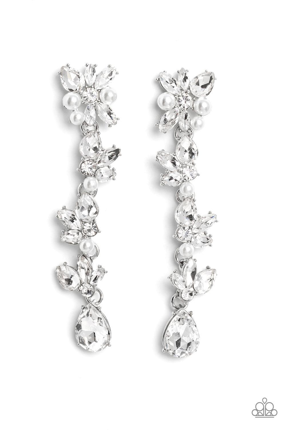 LIGHT at the Opera White Rhinestone & Pearl Earrings - Paparazzi Accessories- lightbox - CarasShop.com - Paparazzi Jewelry by Cara Jewels