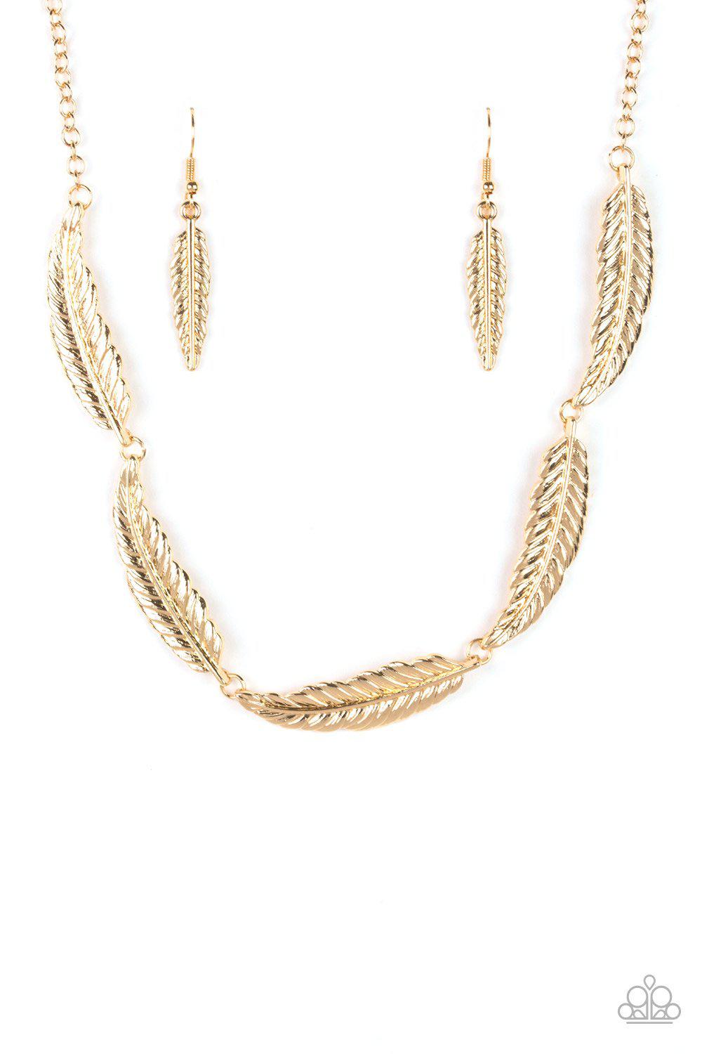 Light Flight Gold Feather Necklace - Paparazzi Accessories - free matching earrings -CarasShop.com - Paparazzi Jewelry by Cara Jewels
