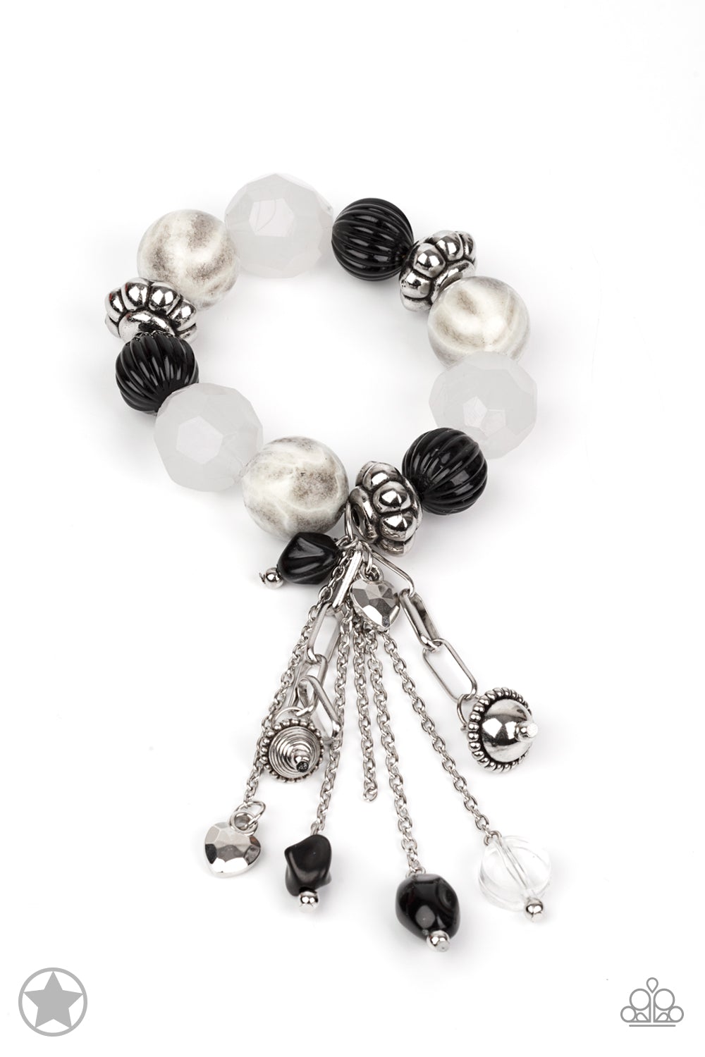 Lights! Camera! Action! Black and White Stretch Tassel Bracelet - Paparazzi Accessories- lightbox - CarasShop.com - Paparazzi Jewelry by Cara Jewels