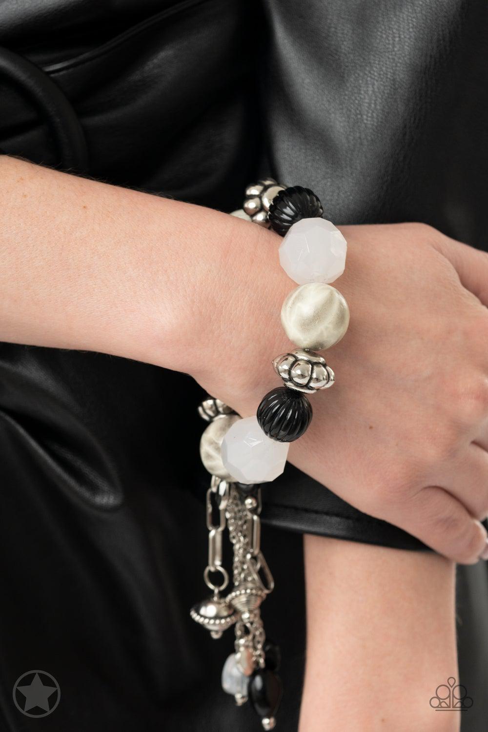 Lights! Camera! Action! Black and White Stretch Tassel Bracelet - Paparazzi Accessories- lightbox - CarasShop.com - Paparazzi Jewelry by Cara Jewels