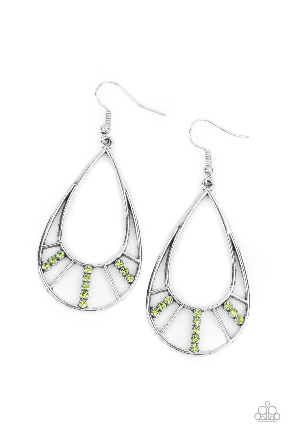 Line Crossing Sparkle Green Rhinestone Earrings - Paparazzi Accessories- lightbox - CarasShop.com - Paparazzi Jewelry by Cara Jewels