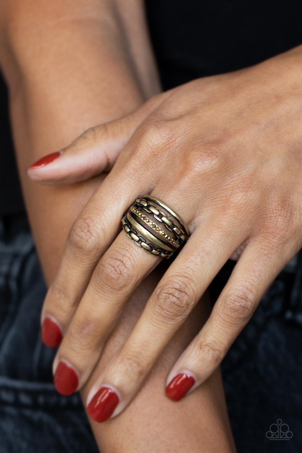 LINK Out Loud Brass Ring - Paparazzi Accessories- on model - CarasShop.com - Paparazzi Jewelry by Cara Jewels