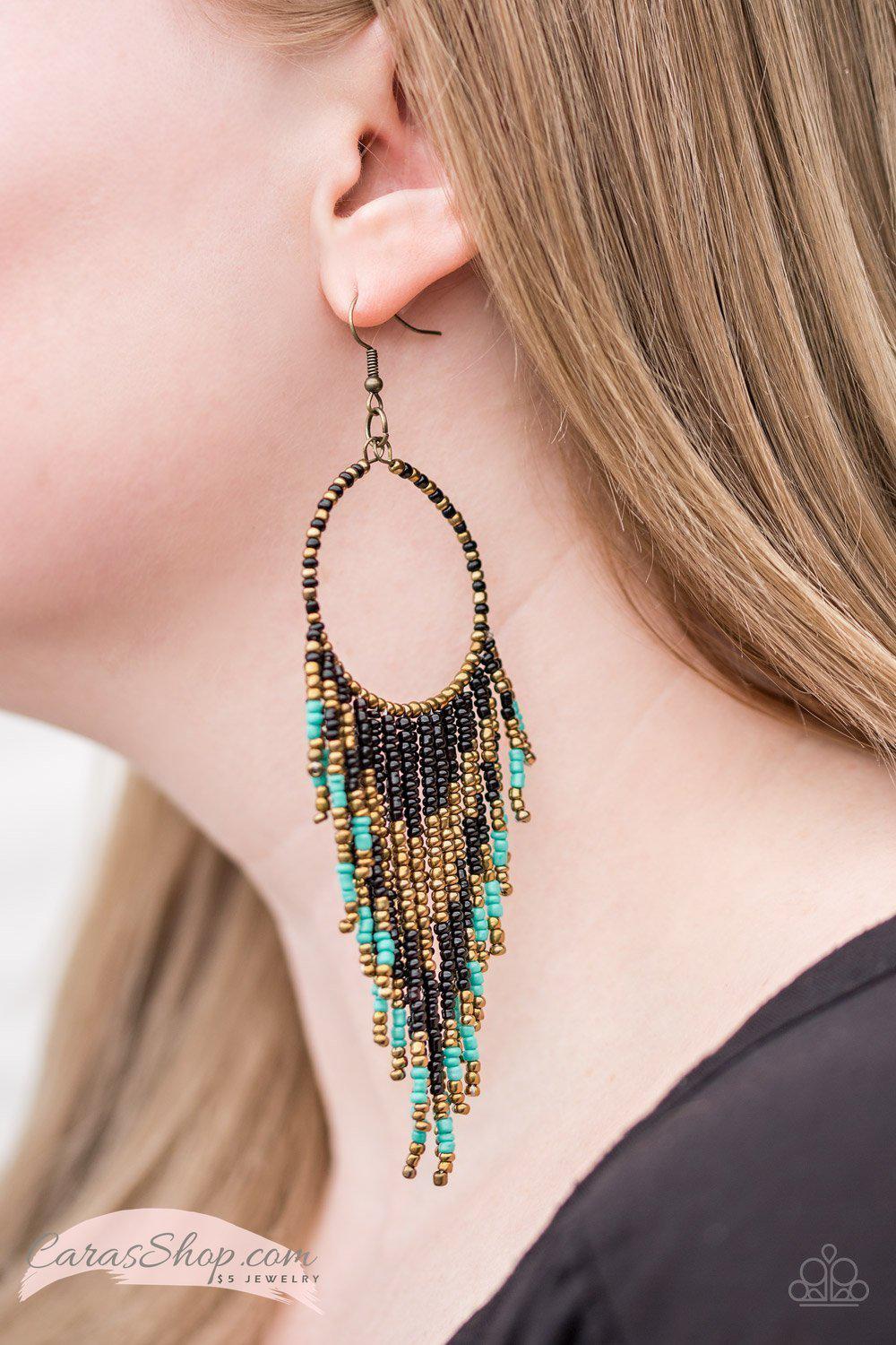 Live Off The Badlands - Black and Turquoise Seed Bead Earrings - Paparazzi Accessories- lightbox - CarasShop.com - Paparazzi Jewelry by Cara Jewels