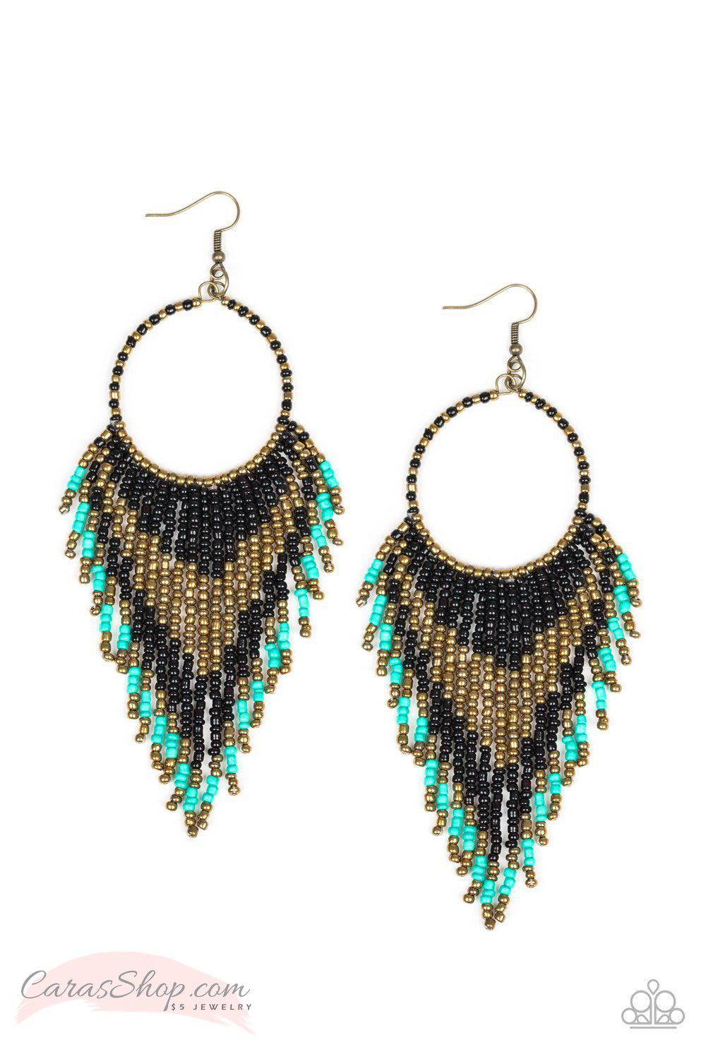 Live Off The Badlands - Black and Turquoise Seed Bead Earrings - Paparazzi Accessories- on model - CarasShop.com - Paparazzi Jewelry by Cara Jewels