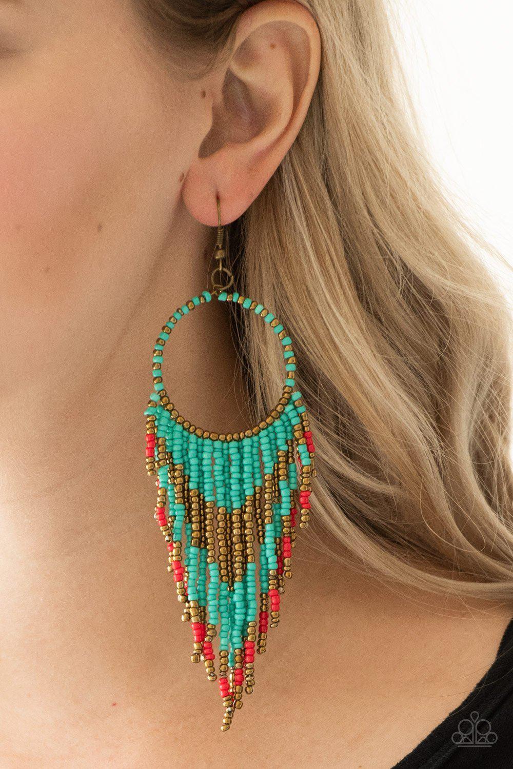 Live Off The BADLANDS Multi - Turquoise, Brass and Red Seed Bead Earrings - Paparazzi Accessories- lightbox - CarasShop.com - Paparazzi Jewelry by Cara Jewels