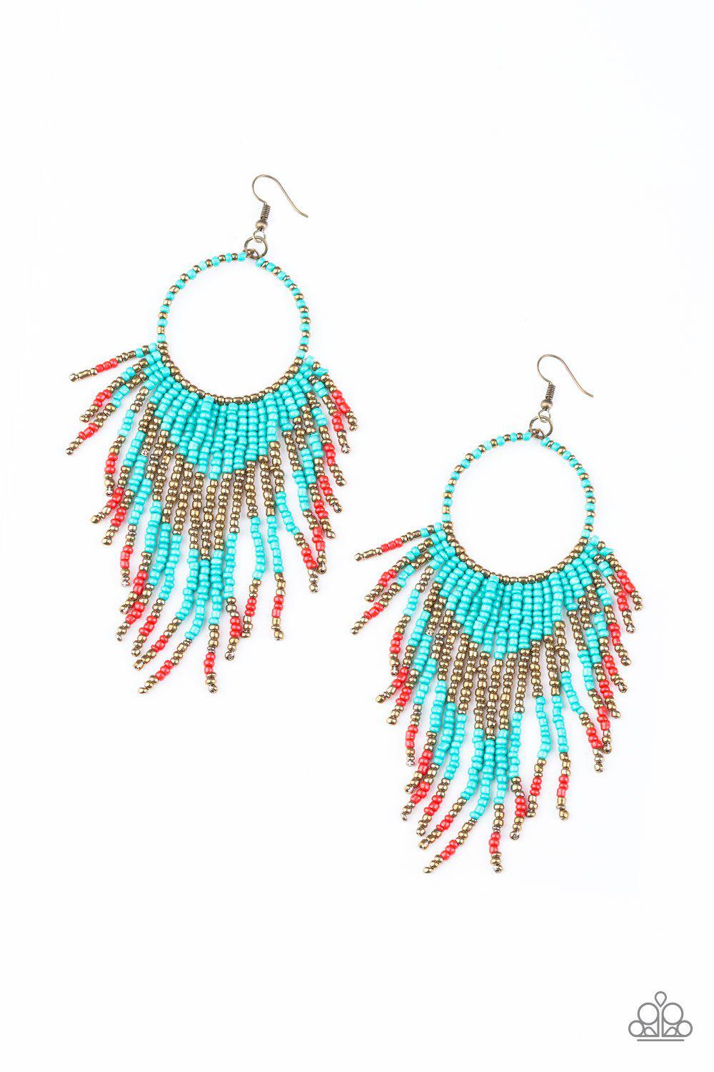 Live Off The BADLANDS Multi - Turquoise, Brass and Red Seed Bead Earrings - Paparazzi Accessories- on model - CarasShop.com - Paparazzi Jewelry by Cara Jewels