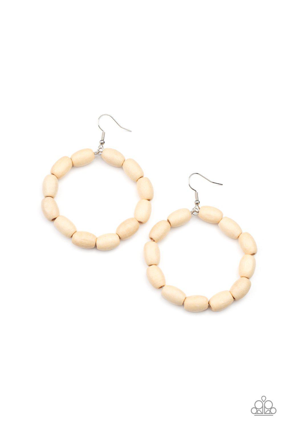 Living The WOOD Life White Wood Earrings - Paparazzi Accessories- on model - CarasShop.com - Paparazzi Jewelry by Cara Jewels