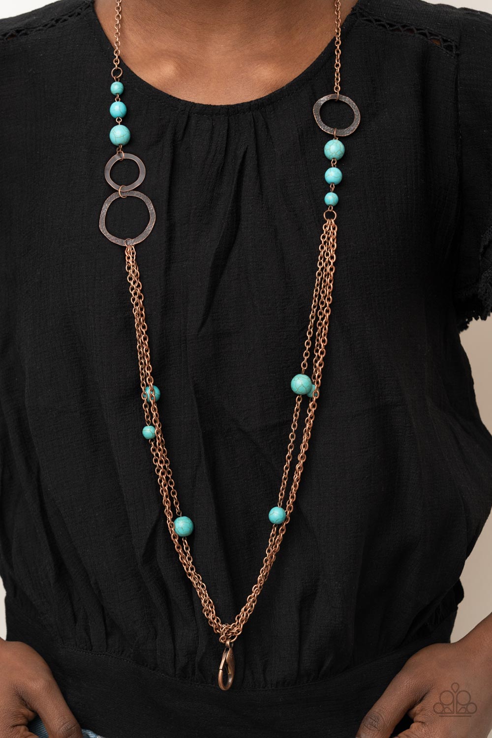 Local Charm Copper and Turquoise Blue Stone Lanyard Necklace - Paparazzi Accessories- on model - CarasShop.com - Paparazzi Jewelry by Cara Jewels