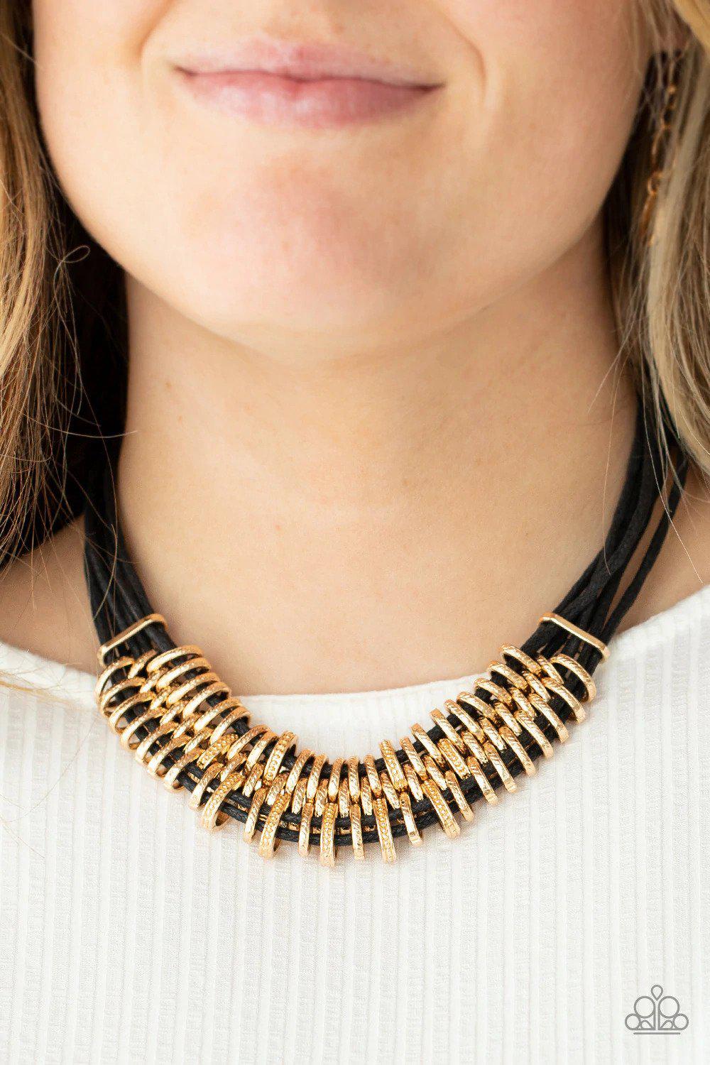 Lock, Stock and SPARKLE Gold Necklace - Paparazzi Accessories- on model - CarasShop.com - Paparazzi Jewelry by Cara Jewels