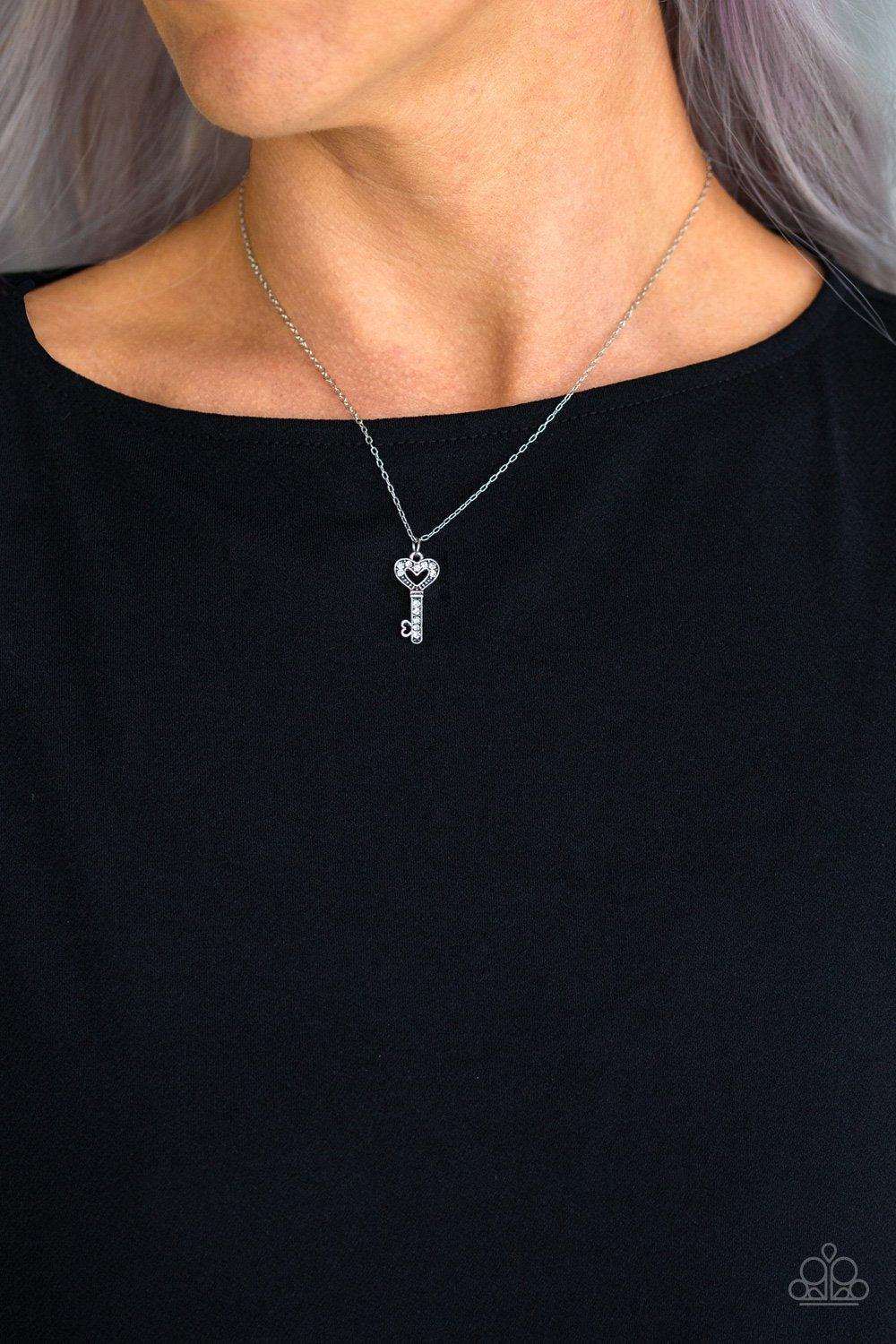 Lock Up Your Valuables White Key Necklace - Paparazzi Accessories- lightbox - CarasShop.com - Paparazzi Jewelry by Cara Jewels