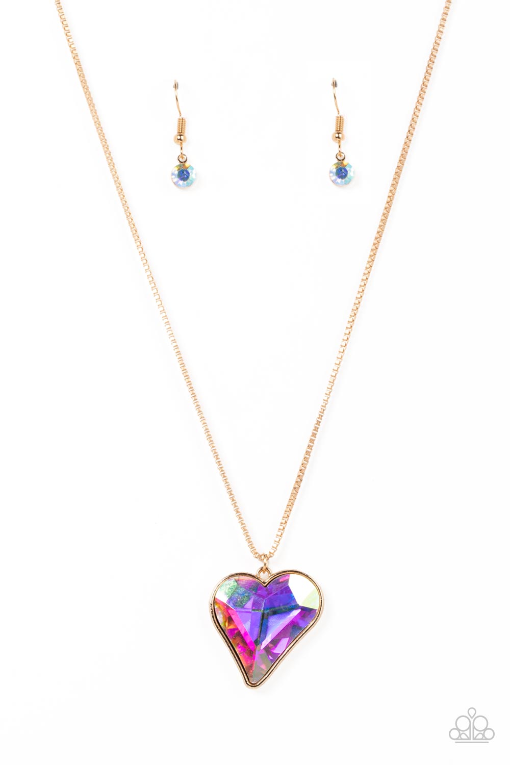Lockdown My Heart Gold and Iridescent Rhinestone Heart Necklace - Paparazzi Accessories- lightbox - CarasShop.com - Paparazzi Jewelry by Cara Jewels