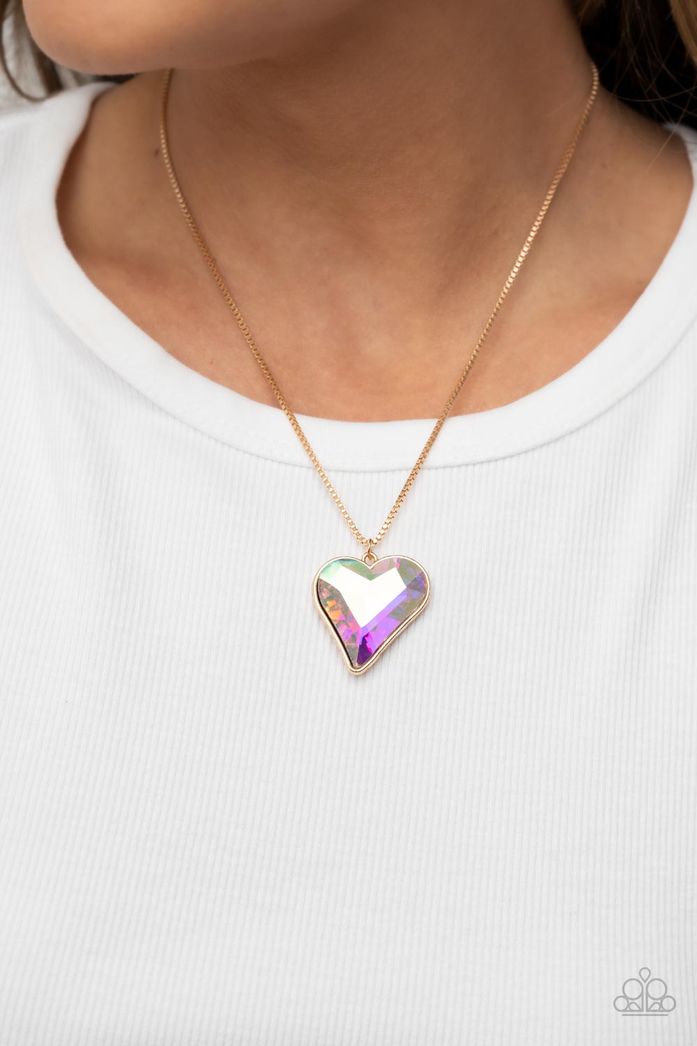 Lockdown My Heart Gold and Iridescent Rhinestone Heart Necklace - Paparazzi Accessories- on model - CarasShop.com - Paparazzi Jewelry by Cara Jewels