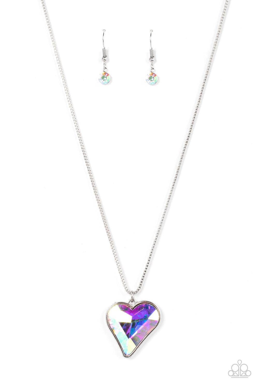 Lockdown My Heart Multi Iridescent Rhinestone Heart Necklace - Paparazzi Accessories- lightbox - CarasShop.com - Paparazzi Jewelry by Cara Jewels