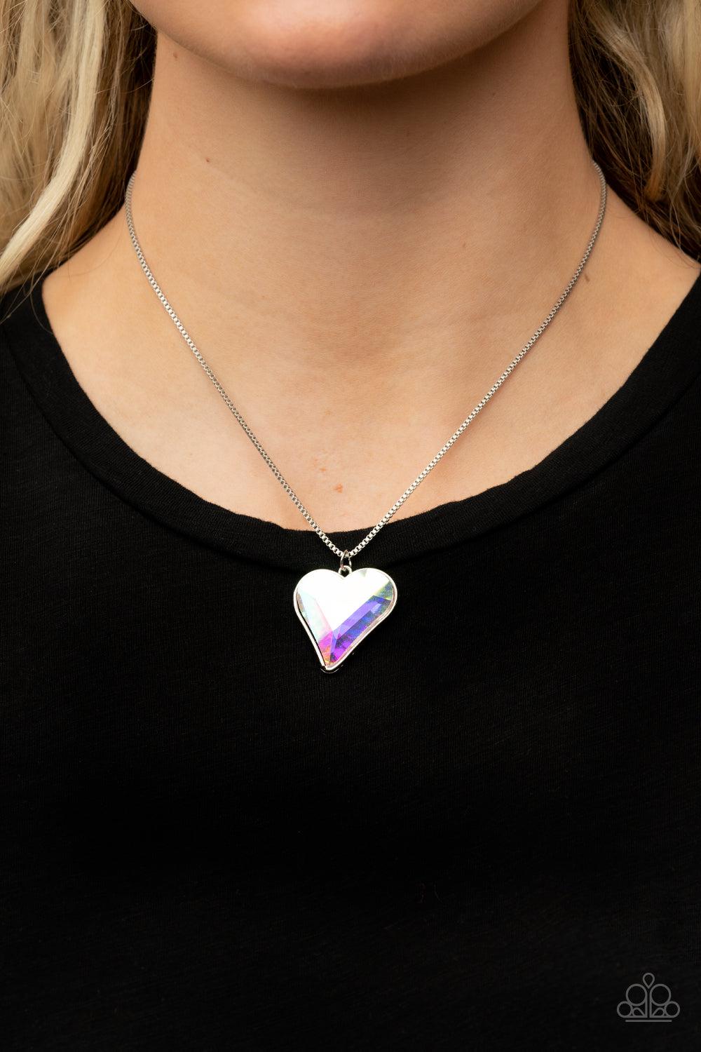 Lockdown My Heart Multi Iridescent Rhinestone Heart Necklace - Paparazzi Accessories- on model - CarasShop.com - Paparazzi Jewelry by Cara Jewels