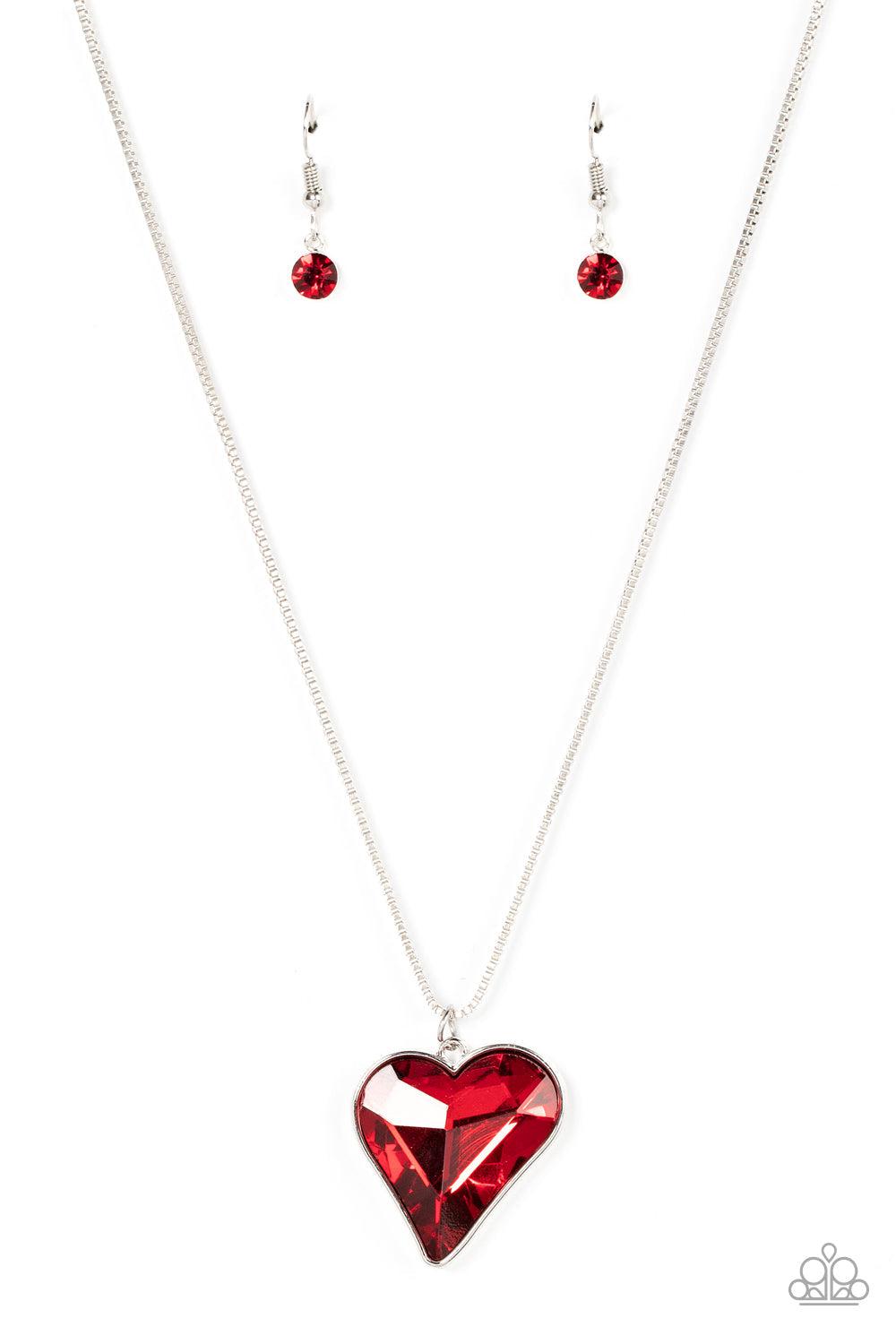 Lockdown My Heart Red Rhinestone Heart Necklace - Paparazzi Accessories- lightbox - CarasShop.com - Paparazzi Jewelry by Cara Jewels
