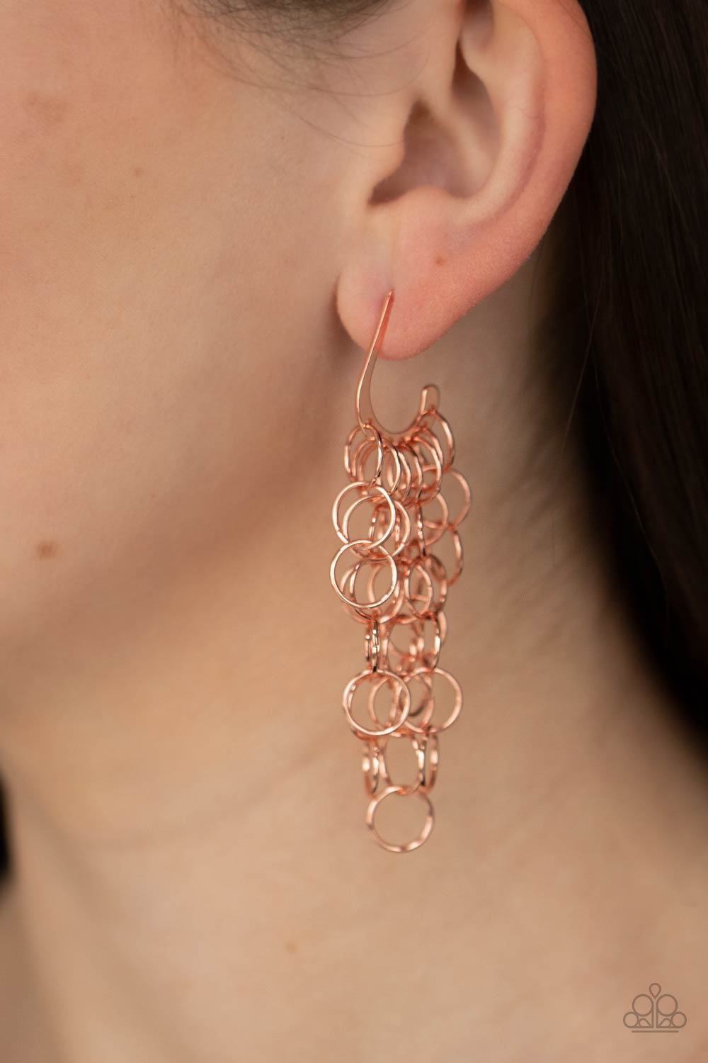 Long Live The Rebels Copper Cascading Ring Hoop Earrings - Paparazzi Accessories- on model - CarasShop.com - Paparazzi Jewelry by Cara Jewels