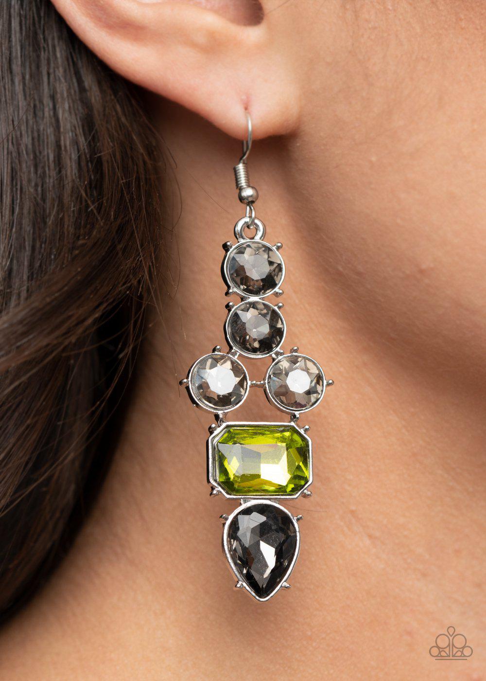 Look At Me GLOW! Green and Smoky Silver Rhinestone Earrings - Paparazzi Accessories- lightbox - CarasShop.com - Paparazzi Jewelry by Cara Jewels