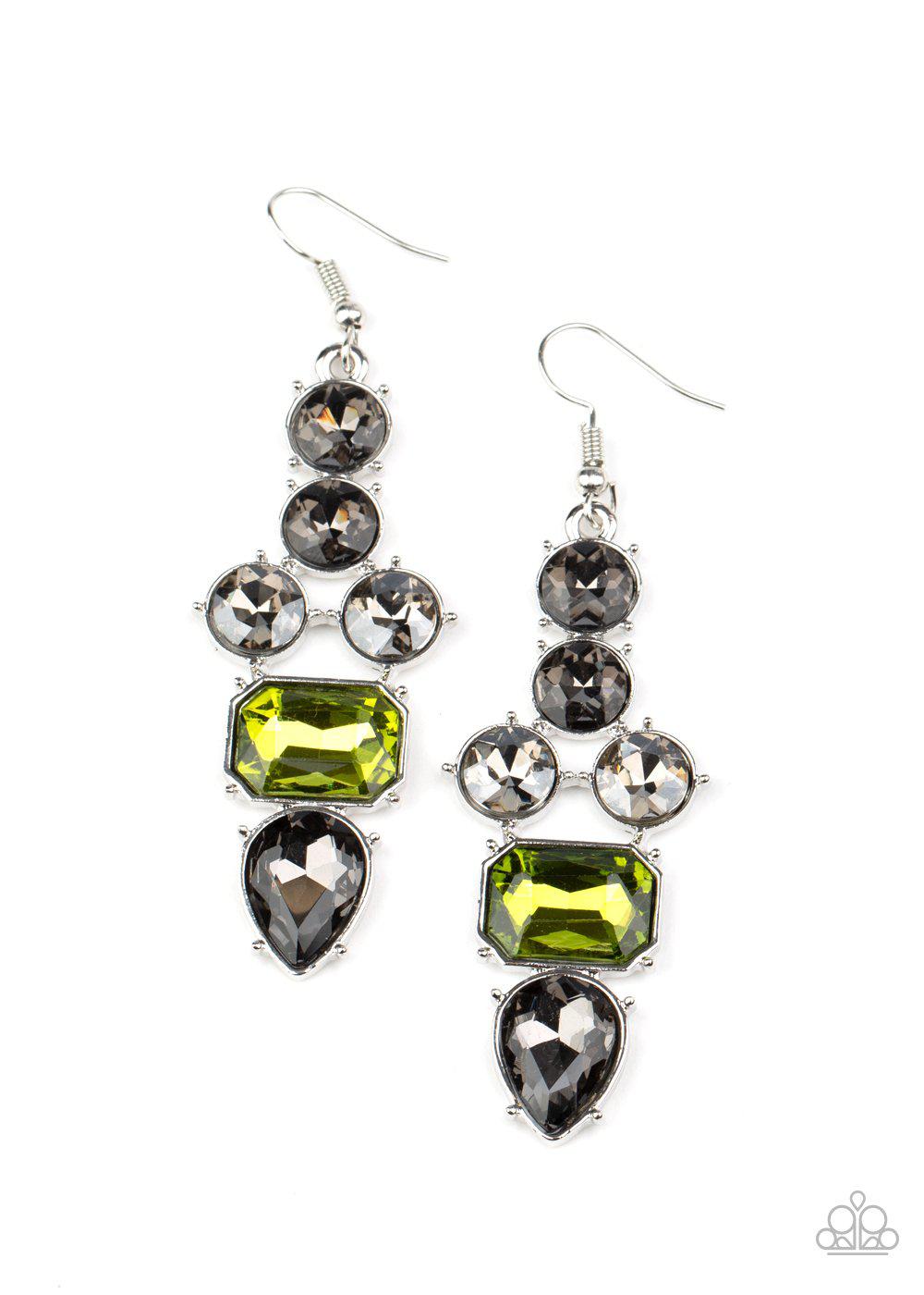 Look At Me GLOW! Green and Smoky Silver Rhinestone Earrings - Paparazzi Accessories- on model - CarasShop.com - Paparazzi Jewelry by Cara Jewels