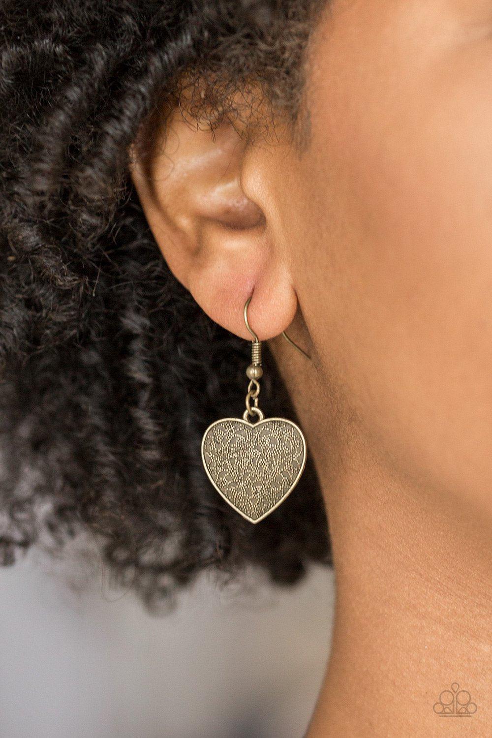 Look Into Your Heart Brass Filigree Heart Necklace - Paparazzi Accessories - free matching earrings -CarasShop.com - Paparazzi Jewelry by Cara Jewels