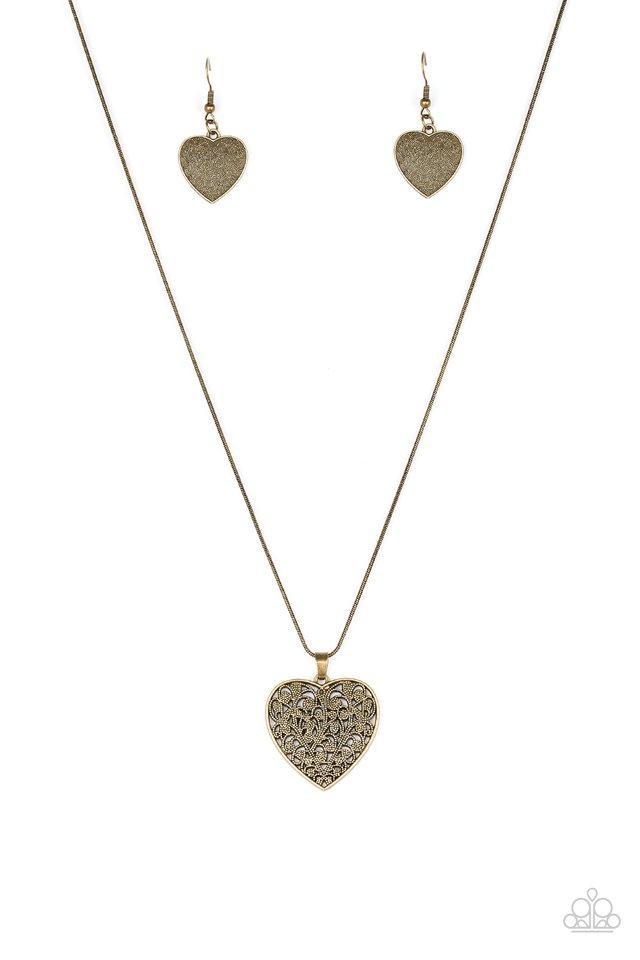 Look Into Your Heart Brass Filigree Heart Necklace - Paparazzi Accessories- lightbox - CarasShop.com - Paparazzi Jewelry by Cara Jewels